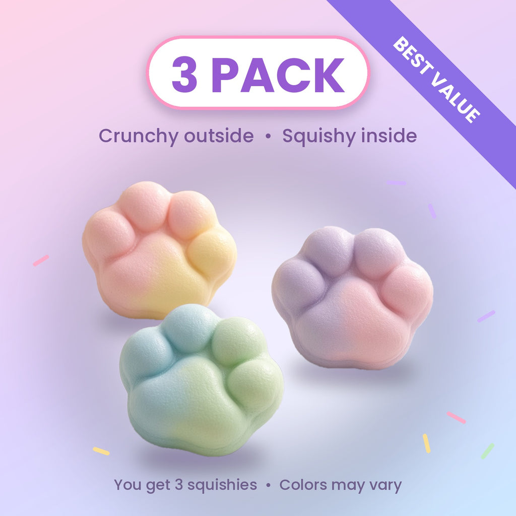 Pastel cat paw squishy with crunchy wax shell, stress relief toy